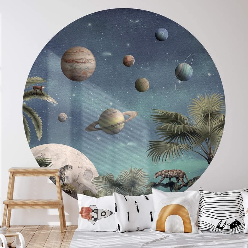 Fototapeta Kikki Belle - Tropikalny świat fantasy z planetami i palmami - Okrągła - tapeta flizelino