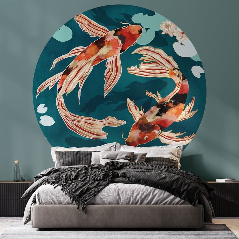Fototapeta z dwoma karpiami koi w stawie - SpaceFrog Designs - okrągła - tapeta flizelinowa/tapeta f