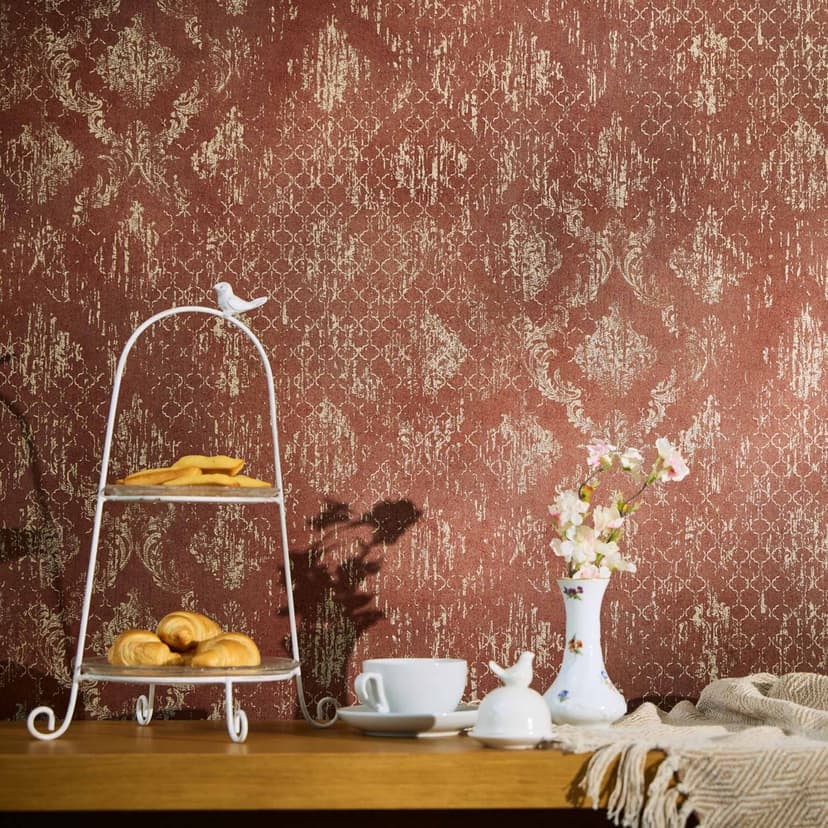 Tapeta ozdobna czerwone złoto - Tapeta z włókniny o wyglądzie vintage i błyszczącej fakturze