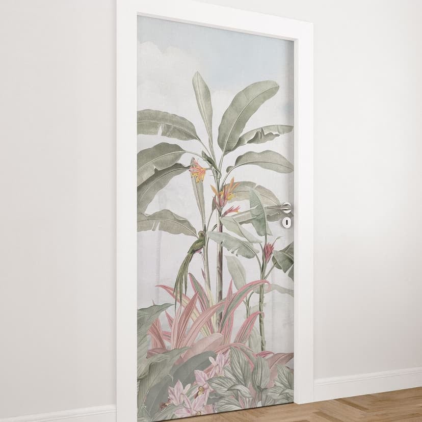 Folia na drzwi Tropikalna idylla z niebieskim kolibrem - Bloomery Decor - samoprzylepna dekoracja na