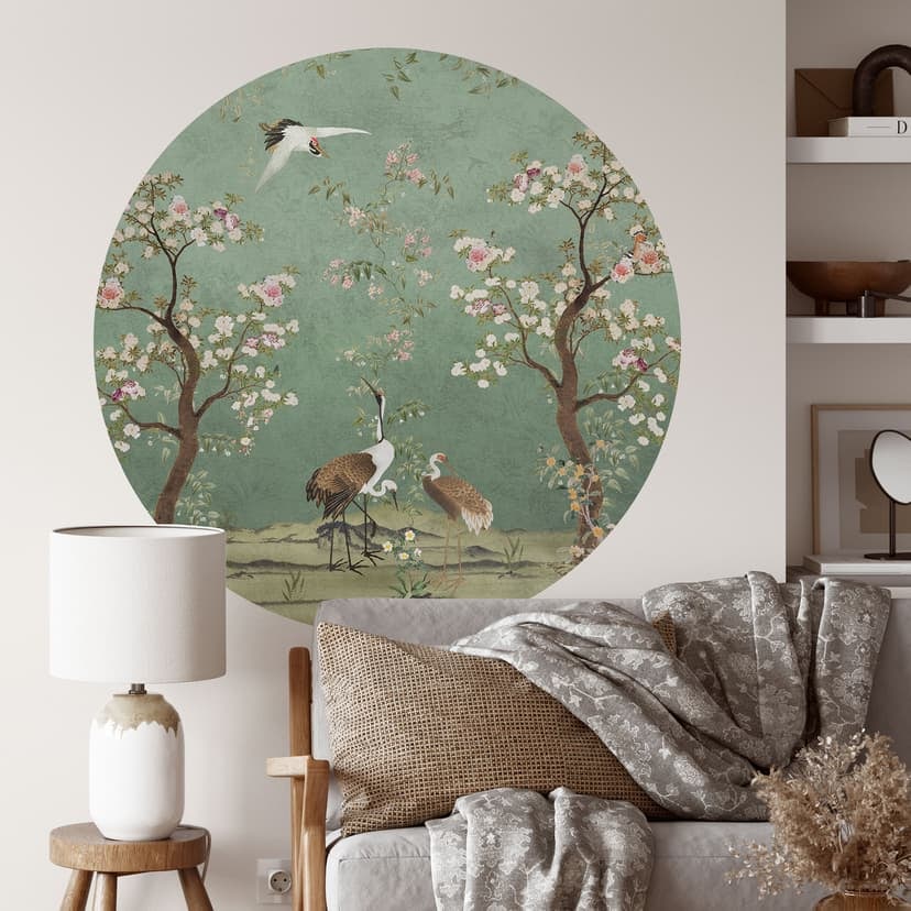 Naklejka na ścianę Żurawie w kwiatowym krajobrazie - Bloomery Decor - Okrągła