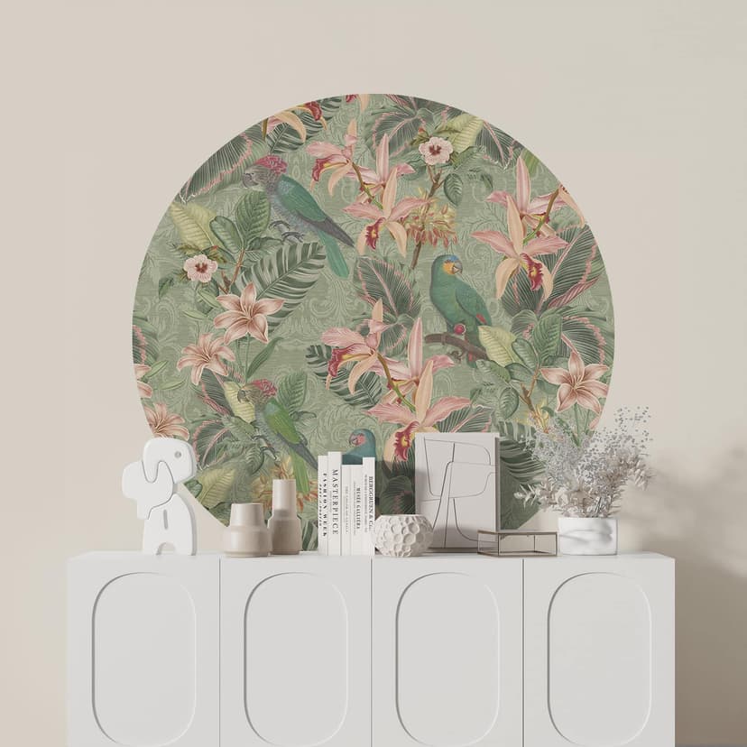 Naklejka na ścianę dżungla z papugami zielona - Bloomery Decor - Okrągła