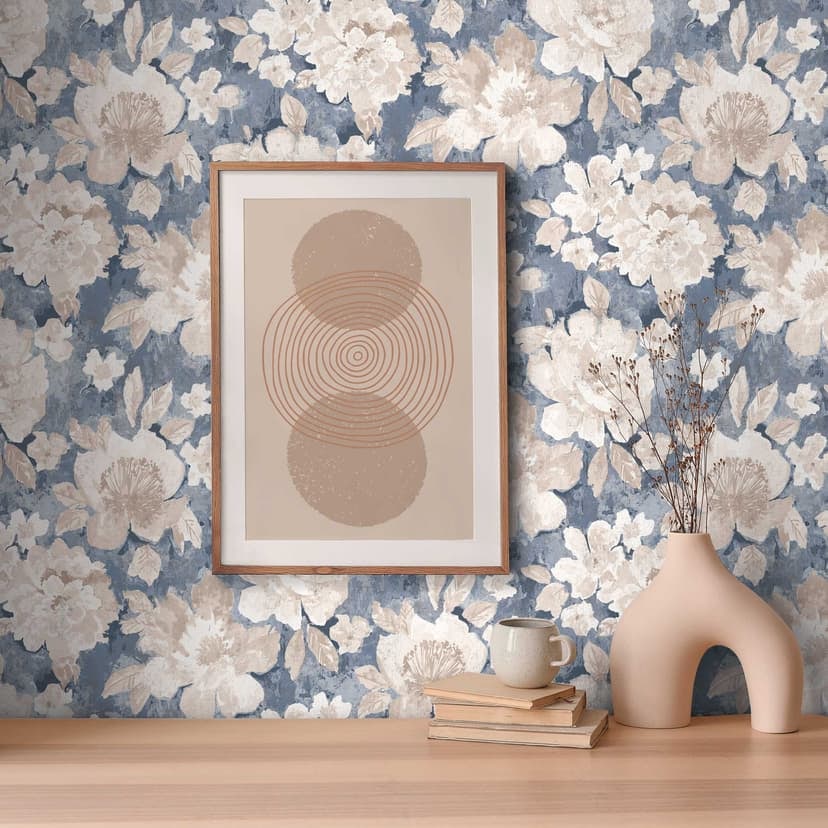 Tapeta w kwiaty vintage niebiesko-beżowa - tapeta w kwiaty w stylu retro - tapeta z włókniny