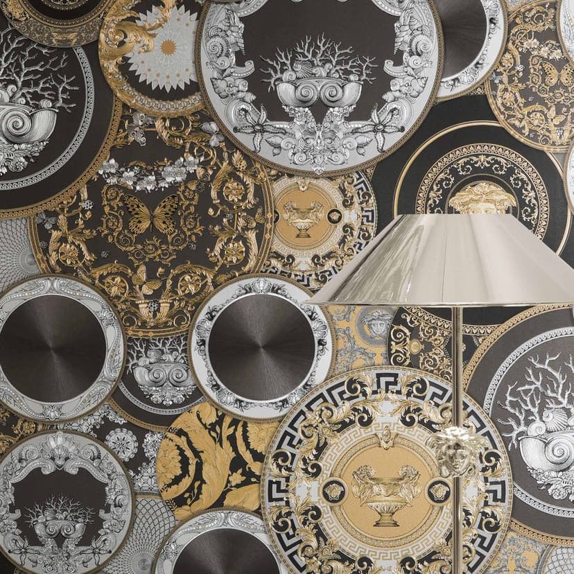 Versace Tapeta z włókniny Art De La Table Baroque Circles Medusa Meander Black Gold
