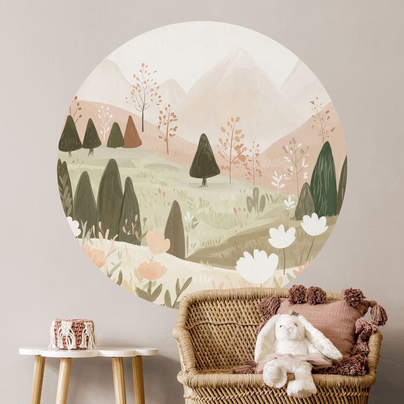 Naklejka na ścianę pastelowy górski krajobraz z kwiatami - Treechild - Round