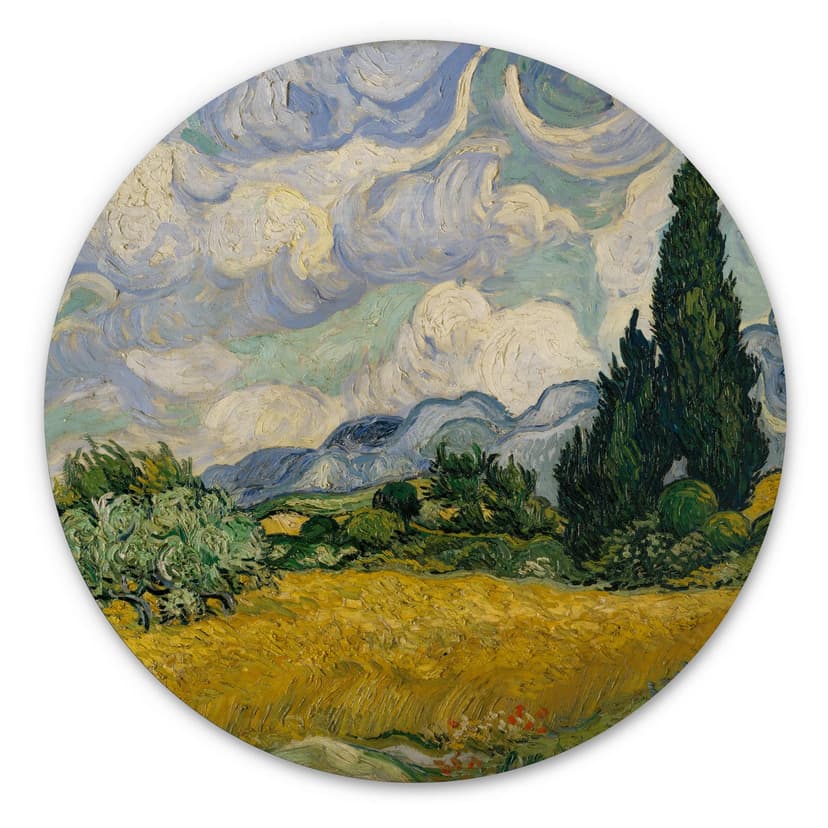 Obraz drewniany van Gogh - Pole pszenicy z cyprysami - Okrągły